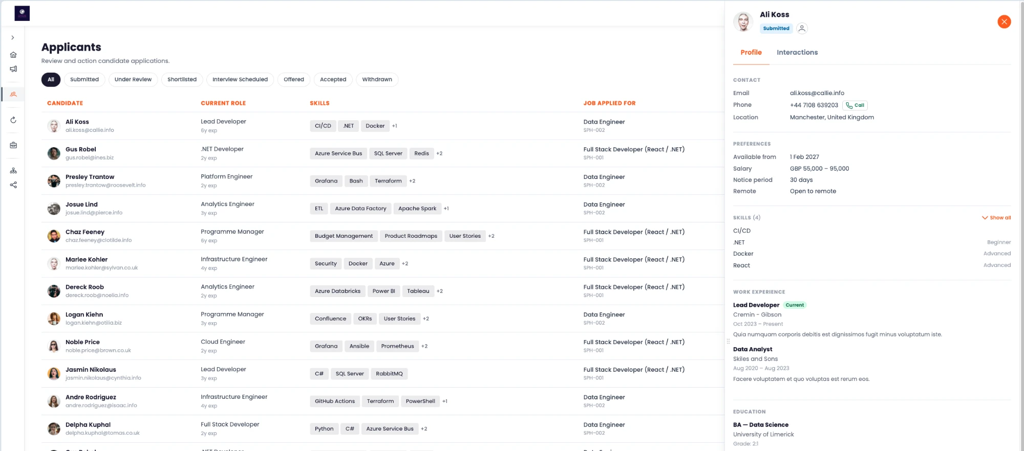 Applicants screen listing candidates with their current role, skills and job applied for, beside a candidate profile panel